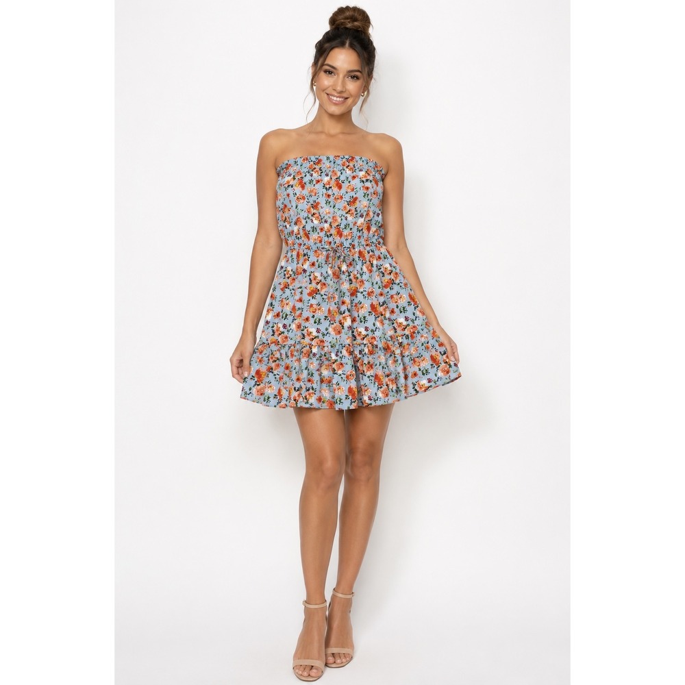 Umgee USA Floral Strapless Mini Dress Blue Orange Ruffle Hem Drawstring Large